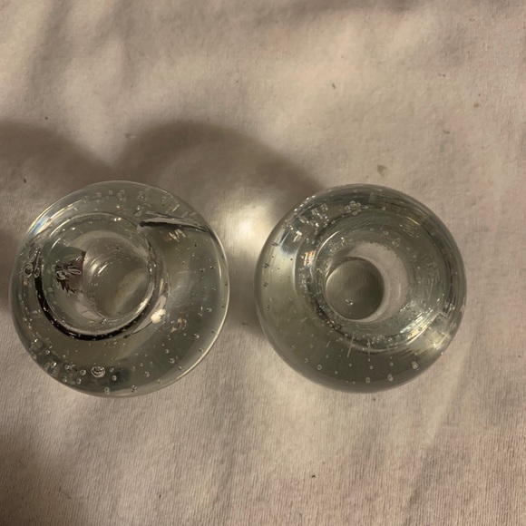Hand Blown Art Glass Taper Candle Holder Controlled Bubble Bullicante Clear Pair - Picture 6 of 6